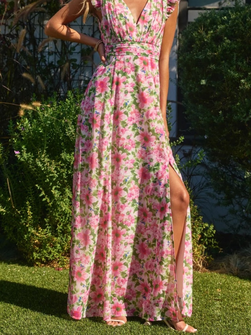 Dress Forum Pink Floral V-Neck Maxi Dress with Slit
